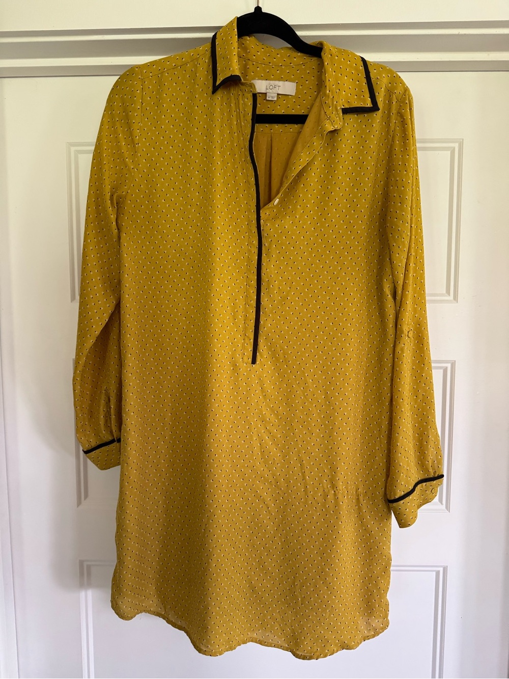 LOFT Mustard Yellow Long Sleeve Shift Dress with Black Trim